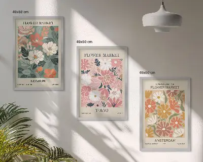Gerahmtes Bilderset mit Blumenmuster in den Motiven London Tokio und Amsterdam