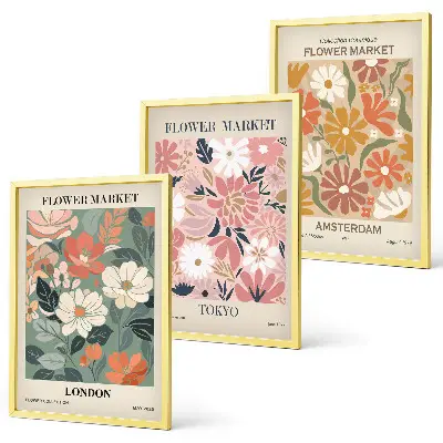 Gerahmtes Bilderset mit Blumenmuster in den Motiven London Tokio und Amsterdam