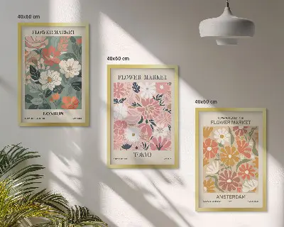 Gerahmtes Bilderset mit Blumenmuster in den Motiven London Tokio und Amsterdam