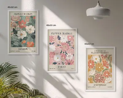 Gerahmtes Bilderset mit Blumenmuster in den Motiven London Tokio und Amsterdam