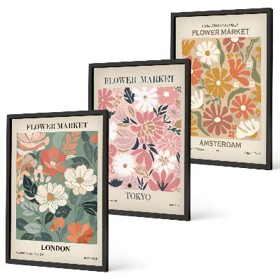 Gerahmtes Bilderset mit Blumenmuster in den Motiven London Tokio und Amsterdam