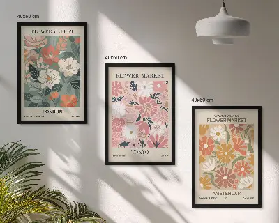 Gerahmtes Bilderset mit Blumenmuster in den Motiven London Tokio und Amsterdam