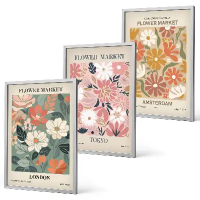Gerahmtes Bilderset mit Blumenmuster in den Motiven London Tokio und Amsterdam