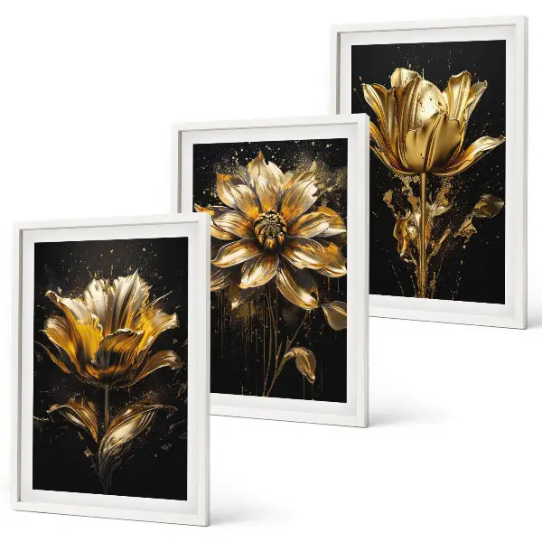 Bilder-3er-Set mit Rahmen und Motiv gelbe Blüten auf dunklem Hintergrund