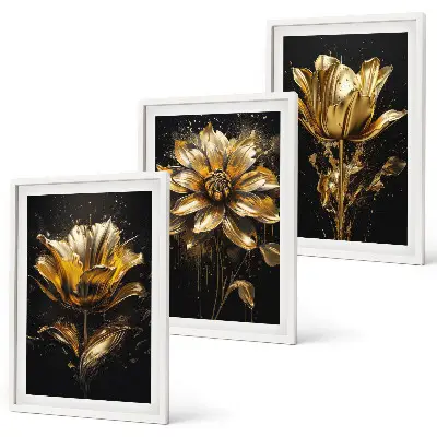 Bilder-3er-Set mit Rahmen und Motiv gelbe Blüten auf dunklem Hintergrund