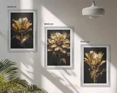 Bilder-3er-Set mit Rahmen und Motiv gelbe Blüten auf dunklem Hintergrund