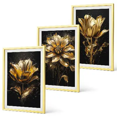 Bilder-3er-Set mit Rahmen und Motiv gelbe Blüten auf dunklem Hintergrund
