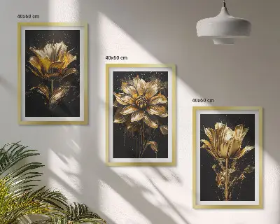 Bilder-3er-Set mit Rahmen und Motiv gelbe Blüten auf dunklem Hintergrund