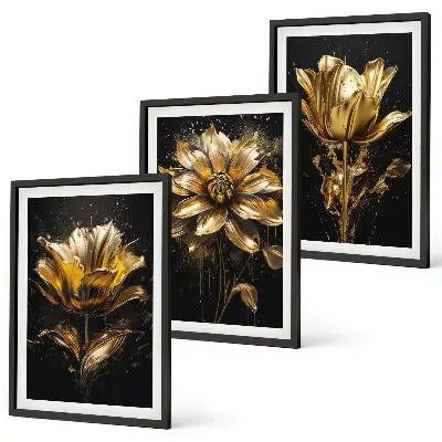 Bilder-3er-Set mit Rahmen und Motiv gelbe Blüten auf dunklem Hintergrund