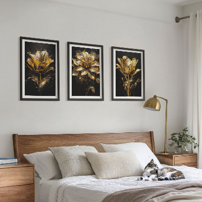 Bilder-3er-set mit rahmen Gelbe Blüten auf dunklem Hintergrund