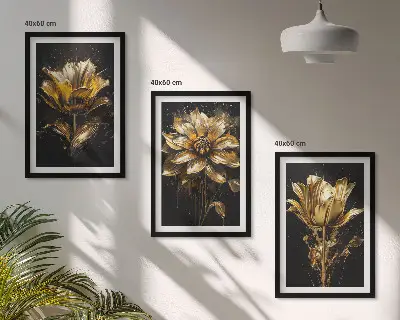 Bilder-3er-Set mit Rahmen und Motiv gelbe Blüten auf dunklem Hintergrund