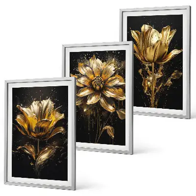 Bilder-3er-Set mit Rahmen und Motiv gelbe Blüten auf dunklem Hintergrund