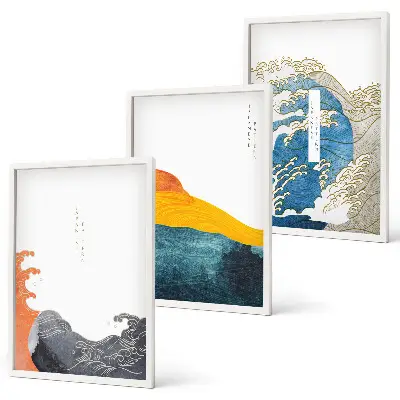 Gerahmtes Bilderset mit japanischen Wellenmotiven im Grafikstil