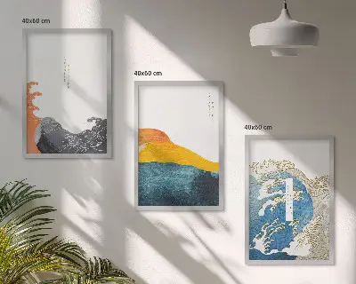 Gerahmtes Bilderset mit japanischen Wellenmotiven im Grafikstil