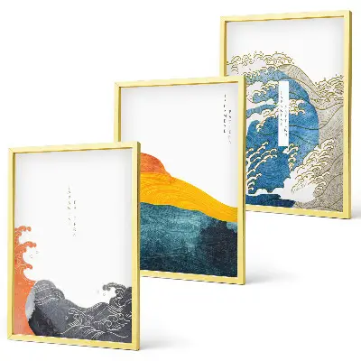 Gerahmtes Bilderset mit japanischen Wellenmotiven im Grafikstil