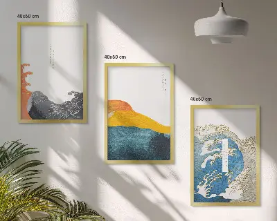 Gerahmtes Bilderset mit japanischen Wellenmotiven im Grafikstil