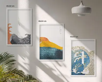 Gerahmtes Bilderset mit japanischen Wellenmotiven im Grafikstil