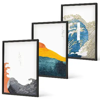 Gerahmtes Bilderset mit japanischen Wellenmotiven im Grafikstil