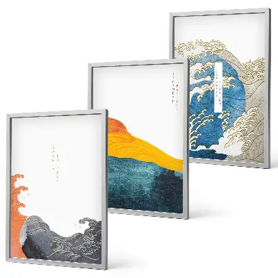 Gerahmtes Bilderset mit japanischen Wellenmotiven im Grafikstil