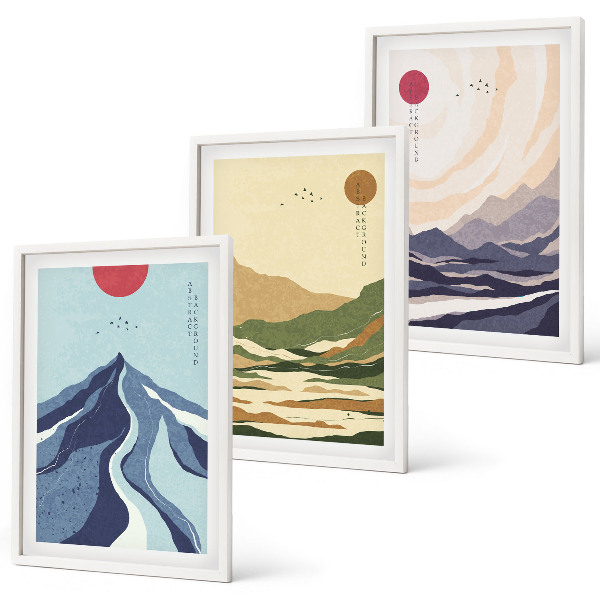 Gerahmtes bilderset Pastellfarbene Berge im Japandi-Stil