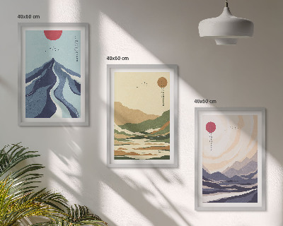 Gerahmtes bilderset Pastellfarbene Berge im Japandi-Stil