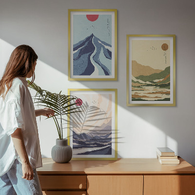 Gerahmtes bilderset Pastellfarbene Berge im Japandi-Stil