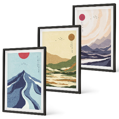 Gerahmtes bilderset Pastellfarbene Berge im Japandi-Stil
