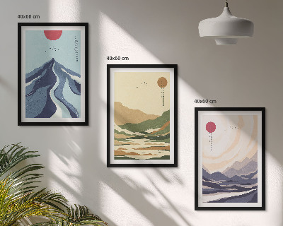 Gerahmtes bilderset Pastellfarbene Berge im Japandi-Stil