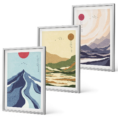 Gerahmtes bilderset Pastellfarbene Berge im Japandi-Stil