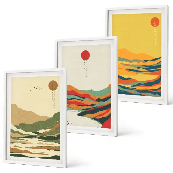 3er-Set Bilder mit Rahmen farbenfrohe Japandi-Muster mit Fluss- und Bergmotiven