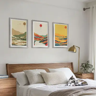 3er-Set Bilder mit Rahmen farbenfrohe Japandi-Muster mit Fluss- und Bergmotiven