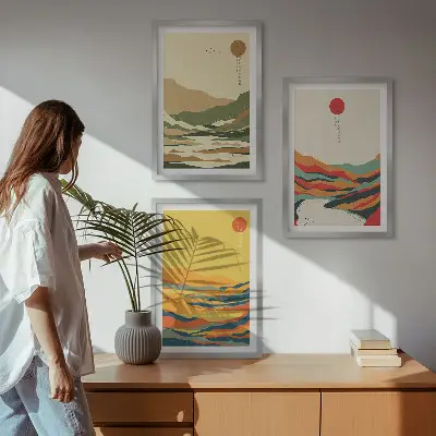 3er-Set Bilder mit Rahmen farbenfrohe Japandi-Muster mit Fluss- und Bergmotiven