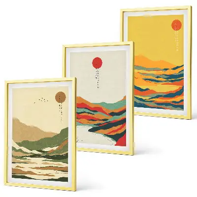 3er-Set Bilder mit Rahmen farbenfrohe Japandi-Muster mit Fluss- und Bergmotiven
