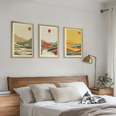 3er-Set Bilder mit Rahmen farbenfrohe Japandi-Muster mit Fluss- und Bergmotiven
