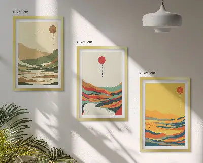 3er-Set Bilder mit Rahmen farbenfrohe Japandi-Muster mit Fluss- und Bergmotiven