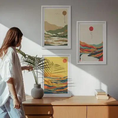 3er-Set Bilder mit Rahmen farbenfrohe Japandi-Muster mit Fluss- und Bergmotiven