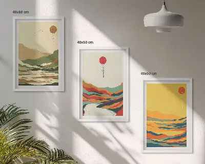 3er-Set Bilder mit Rahmen farbenfrohe Japandi-Muster mit Fluss- und Bergmotiven