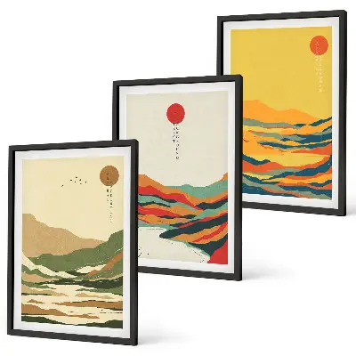 3er-Set Bilder mit Rahmen farbenfrohe Japandi-Muster mit Fluss- und Bergmotiven