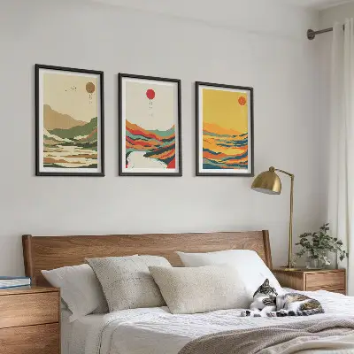 3er-Set Bilder mit Rahmen farbenfrohe Japandi-Muster mit Fluss- und Bergmotiven