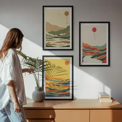3er-Set Bilder mit Rahmen farbenfrohe Japandi-Muster mit Fluss- und Bergmotiven