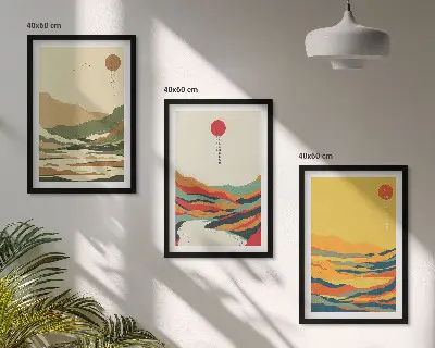3er-Set Bilder mit Rahmen farbenfrohe Japandi-Muster mit Fluss- und Bergmotiven