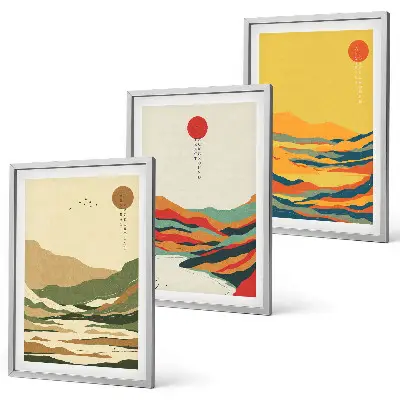 3er-Set Bilder mit Rahmen farbenfrohe Japandi-Muster mit Fluss- und Bergmotiven