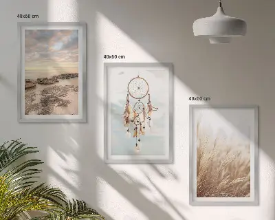 Gerahmtes Bilderset mit Motiven von Wolkenmeer, Traumfänger und Gras