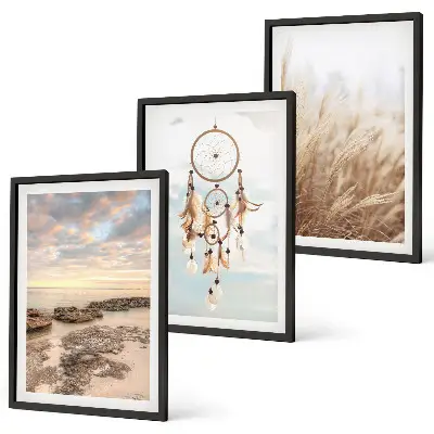 Gerahmtes Bilderset mit Motiven von Wolkenmeer, Traumfänger und Gras
