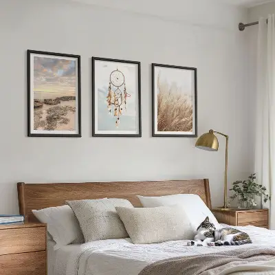 Gerahmtes Bilderset mit Motiven von Wolkenmeer, Traumfänger und Gras