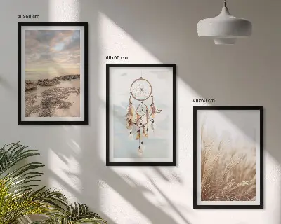 Gerahmtes Bilderset mit Motiven von Wolkenmeer, Traumfänger und Gras