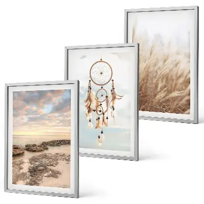 Gerahmtes Bilderset mit Motiven von Wolkenmeer, Traumfänger und Gras