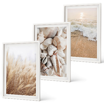 Bilder-3er-set mit rahmen Strandmotive, Muscheln, Wellen