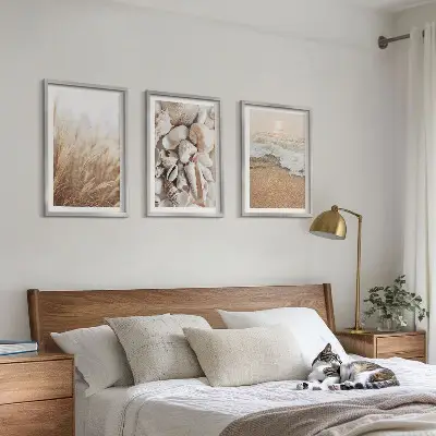 3er-Set Bilder mit Rahmen mit Strandmotiven, Muscheln und Wellen