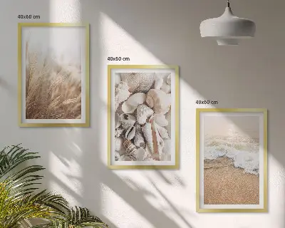 3er-Set Bilder mit Rahmen mit Strandmotiven, Muscheln und Wellen